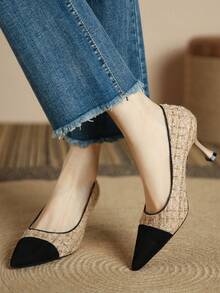 Xin Jing Shoes 女士时尚撞色中跟鞋，百搭套脚鞋，优雅 - 黑色 - 查看 4