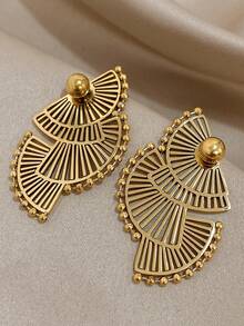 1对复古扇形耳环，几何金色耳钉，不锈钢耳环，女士日常及派对饰品，万圣节及圣诞节礼物 - 彩色 - 查看 3