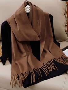1pc 35*180cm High-Quality Elegant Solid Color Tassel Wool Scarf For Women, Casual Windproof Shawl For Autumn/Winter, Suitable For Daily Wear For Dress - Brown - View 3