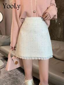 Tweed Small Fragrance High Waist Slimming Lace Patchwork Hip Short Skirt Autumn And Winter - White - View 12