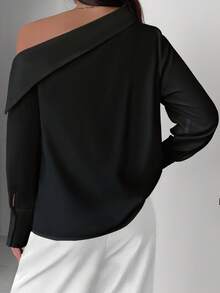 女士优雅通勤纯色不对称领衬衫 - 黑色 - 查看 2