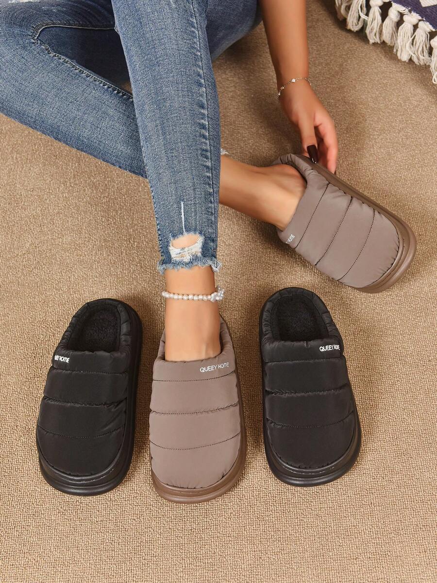 男士绗缝厚底拖鞋，舒适毛绒衬里，厚 EVA 鞋底，男女通用时尚拖鞋