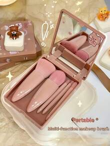 一套旅行化妆刷套装，全新6支迷你便携化妆刷带镜盒，粉色化妆包，多功能粉底刷、腮红刷、眼影刷、唇刷，旅行必备美妆工具，旅行便携化妆刷套装，便携式化妆刷套装，旅行必备，情人节礼物，价格实惠，旅行化妆刷，女士礼物，化妆师，专业全套化妆工具 - 藕粉色 - 查看 2