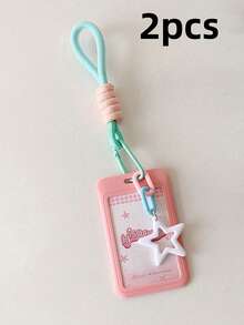 Student Candy-Colored Sliding Cover 3-Inch Card Holder, With Lanyard For Bus/Metro Card, Kids' Idol Card Display Pouch , Back To School Gifts