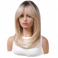 Elegancka peruka ombre blond do ciemnych odrostów z grzywką dla kobiet, 18 cali – syntetyczne włosy odporne na ciepło, naturalny, warstwowy styl, idealna na co dzień i do cosplayu, odpowiednia do noszenia na co dzień, na urodziny, występy, włókno odporne na ciepło, cosplay, Halloween, kostiumy świąteczne, imprezy, festiwale muzyczne, wesela, bale maturalne, wybór letnich fryzur damskich - Złoto - Zobacz 11