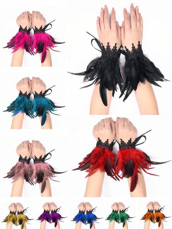 Women's Artificial Feathers Lace Fashionable Wrist Accessories Punk Halloween Gothic Carnival Dress Up Wristbands