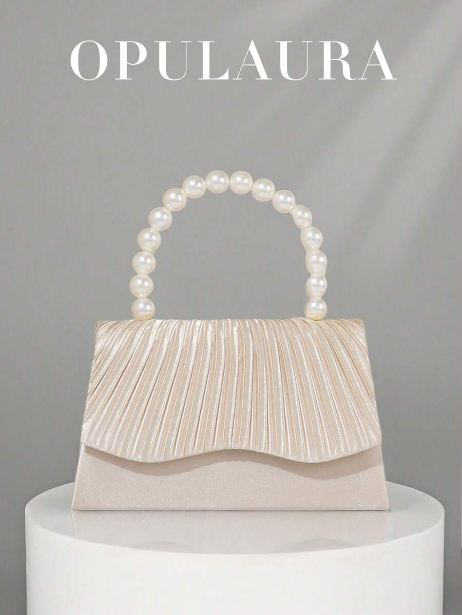 OpulAura 女士优雅仿珍珠缎面手提包,浪漫婚礼钱包,精致迷人的晚礼服配饰包,褶皱设计精致手拿包,适合晚会、舞会、生日派对、节日礼物等正式场合 - 杏色 - 查看 1
