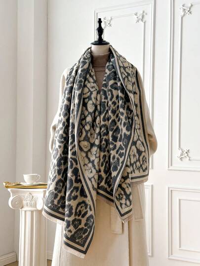 1 件女士双面仿羊绒复古高端豹纹提花围巾，温暖户外装饰围巾/披肩，适合空调房间，秋冬