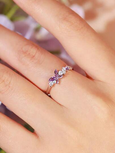 1 Elegant And Fashionable S925 Silver Purple Butterfly Zirconia Multi Size Ring For Women For Friend Party Vacation Music Festival Accessories
