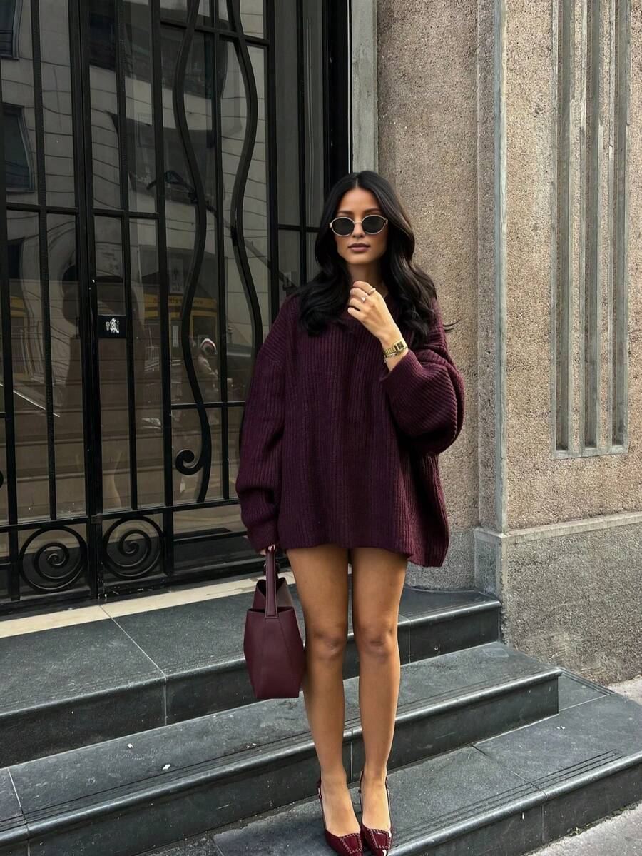 Senya Damski sweter jesienno-zimowy z okrągłym dekoltem, luźny, uniwersalny, odpowiedni na dojazdy do pracy, święta, urodziny, imprezy, wesele, Nowy Rok, Walentynki, Boże Narodzenie, bordowy top pasujący do Nowego Roku - Burgund - Zobacz 1