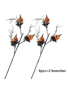 12pcs/4 Branches Halloween Artificial Pumpkin Bouquet Decor - Black & Orange Spooky Ghostly Pumpkins With Bats & Foliage, Plastic Battery-Free Indoor/Outdoor Decoration For Home, Party, Or Christmas, Festive Centerpiece, Eerie Floral Arrangement, Durable Holiday Display, Bat Decorations - Multicolor - View 12