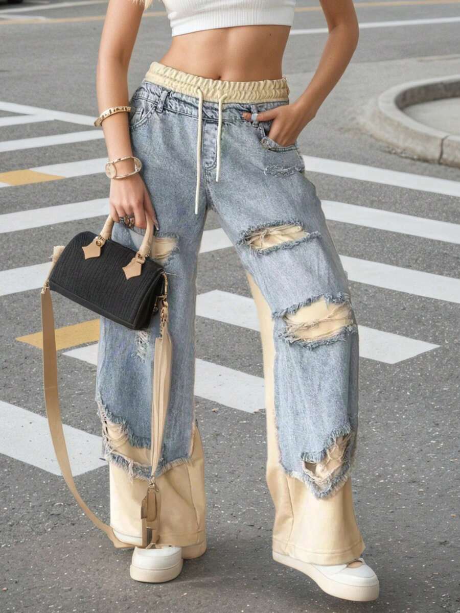 Nuevos Jeans Rasgados de Mujer con Bloques de Color 2025, Jeans Rectos Cómodos con Cordón de Alta Calidad, Lavables a Máquina, Aptos para Todas las Estaciones - Azul - Ver 1