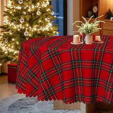 1pc Christmas Tablecloth - Retro Plaid Christmas Tablecloth Pattern, European Vintage Small Red Plaid Style - Durable Polyester Fabric - Suitable For Rectangular, Round, Dining Tables - Party, Home, Restaurant Winter Decor - Easy To Clean Holiday Decoration - Multicolor - View 7