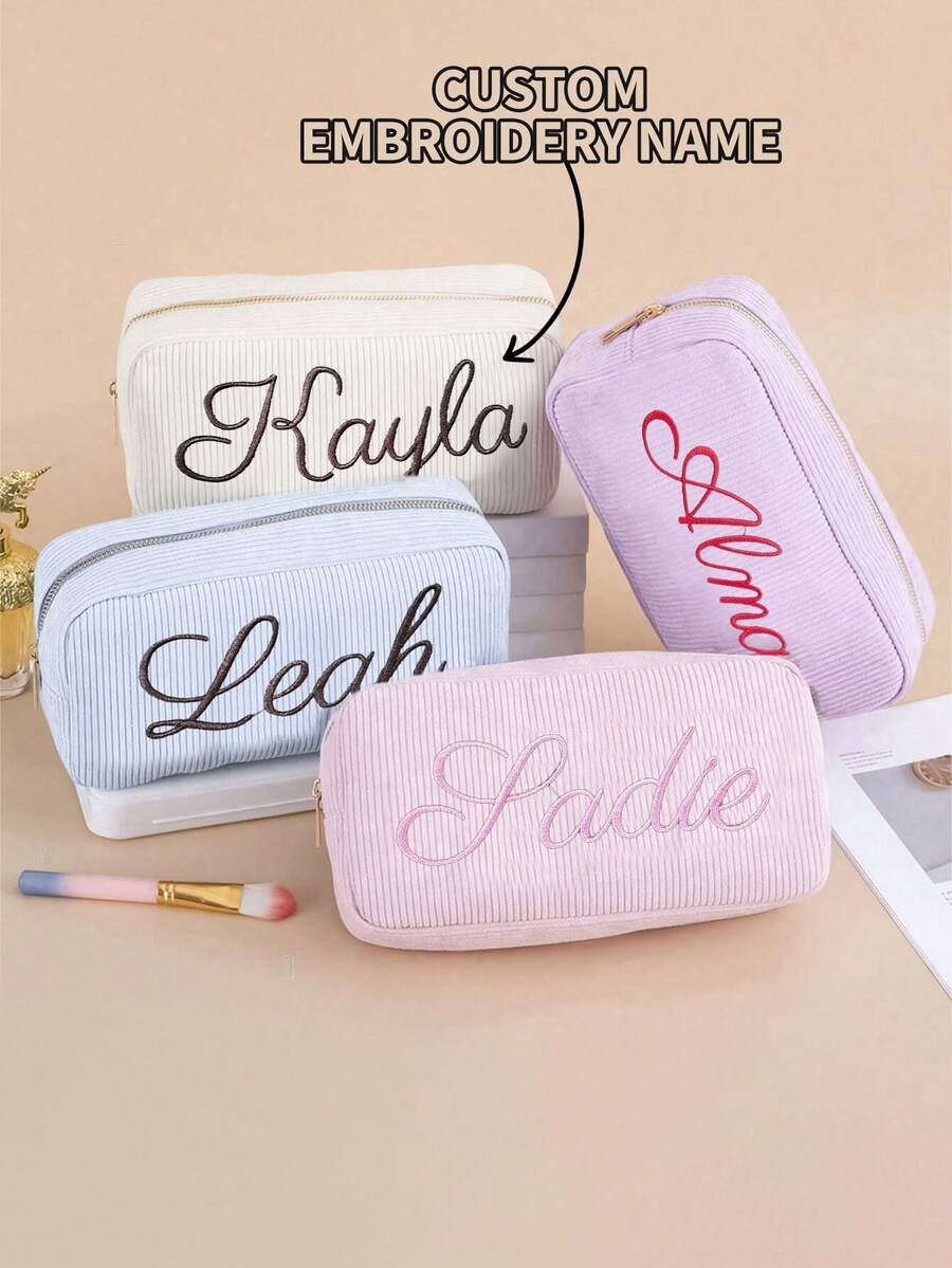 Geantă de machiaj cu nume brodată - Geantă cosmetică personalizată din catifea reiată, Organizator personalizat pentru depozitarea șervețelelor igienice, Geantă de toaletă potrivită pentru călătorii, Organizator de machiaj multifuncțional în stil vintage și modern cu design în culori solide, Broderie rafinată cu litere, Cadou ideal pentru ea, iubită, iubit, prieteni - Unic, moale și elegant