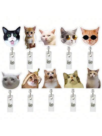 1 pièce Enrouleur de badge rétractable avec expression de chat amusante, pour médecin/infirmière, fournitures scolaires, accessoire essentiel pour la rentrée, porte-carte d'identité avec porte-clés