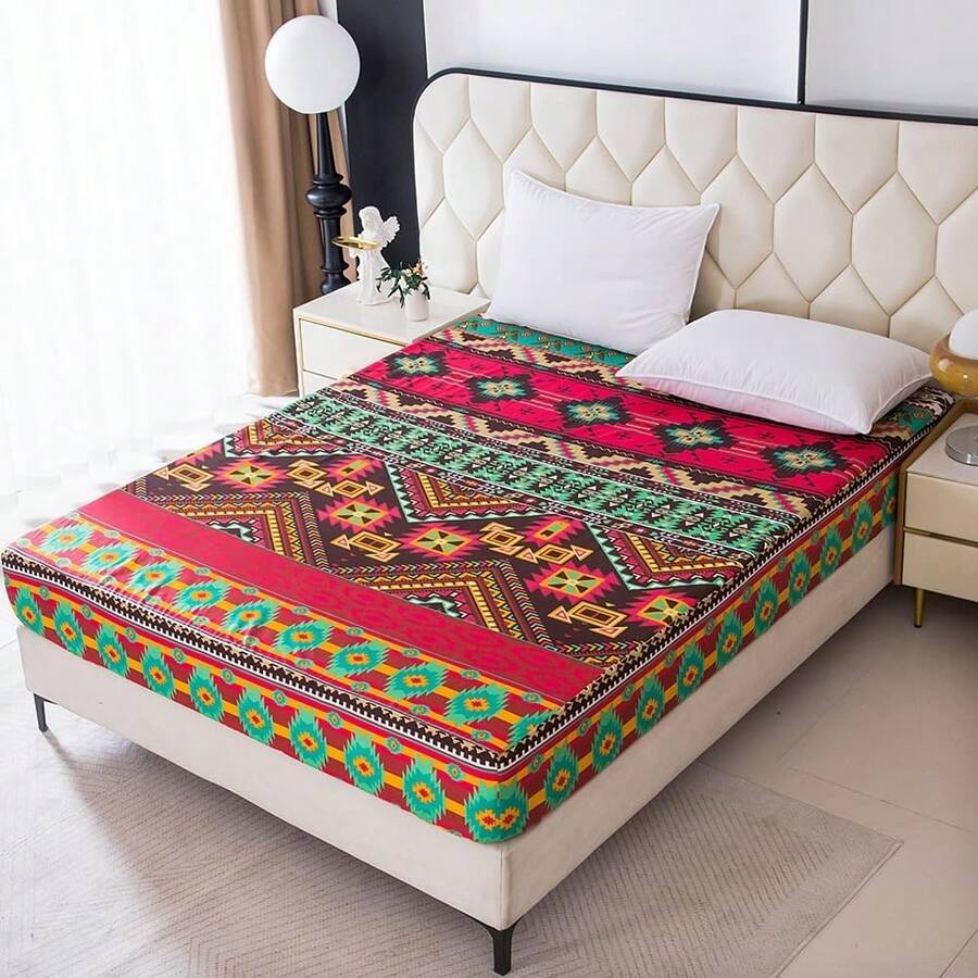 Bohemian Style Bedding Fitted Sheet With Deep Pocket,Red Colorful Boho