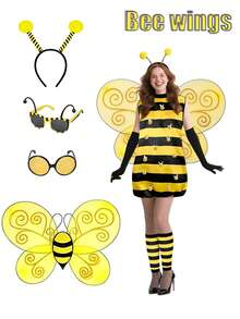 2PCS Beesuit - Women's Bee Wings + Bee Headband + Beehive Glasses And Yellow Ballet Dress, A Cute Halloween Beesuit, Suitable For Adults For Various Festivals, Small Animal Role-Playing Props