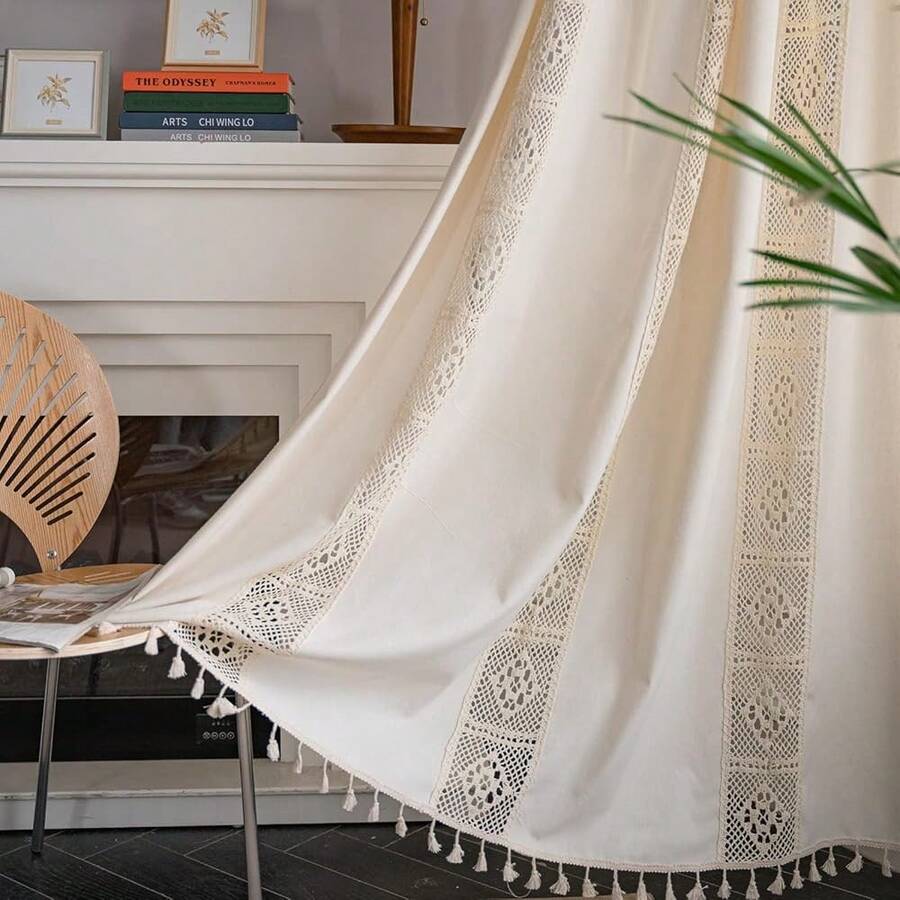Boho Curtain Crochet Lace Patchwork Semi-Blackout Bohemian Handmade Tassels, Rod Pocket Window Treatment Vintage Rustic Farmhouse Drapes For Living Bedroom, 1 Panel 59" W X 63" L, Beige - 米色拼布59寬x63公升1包 - 查看 1