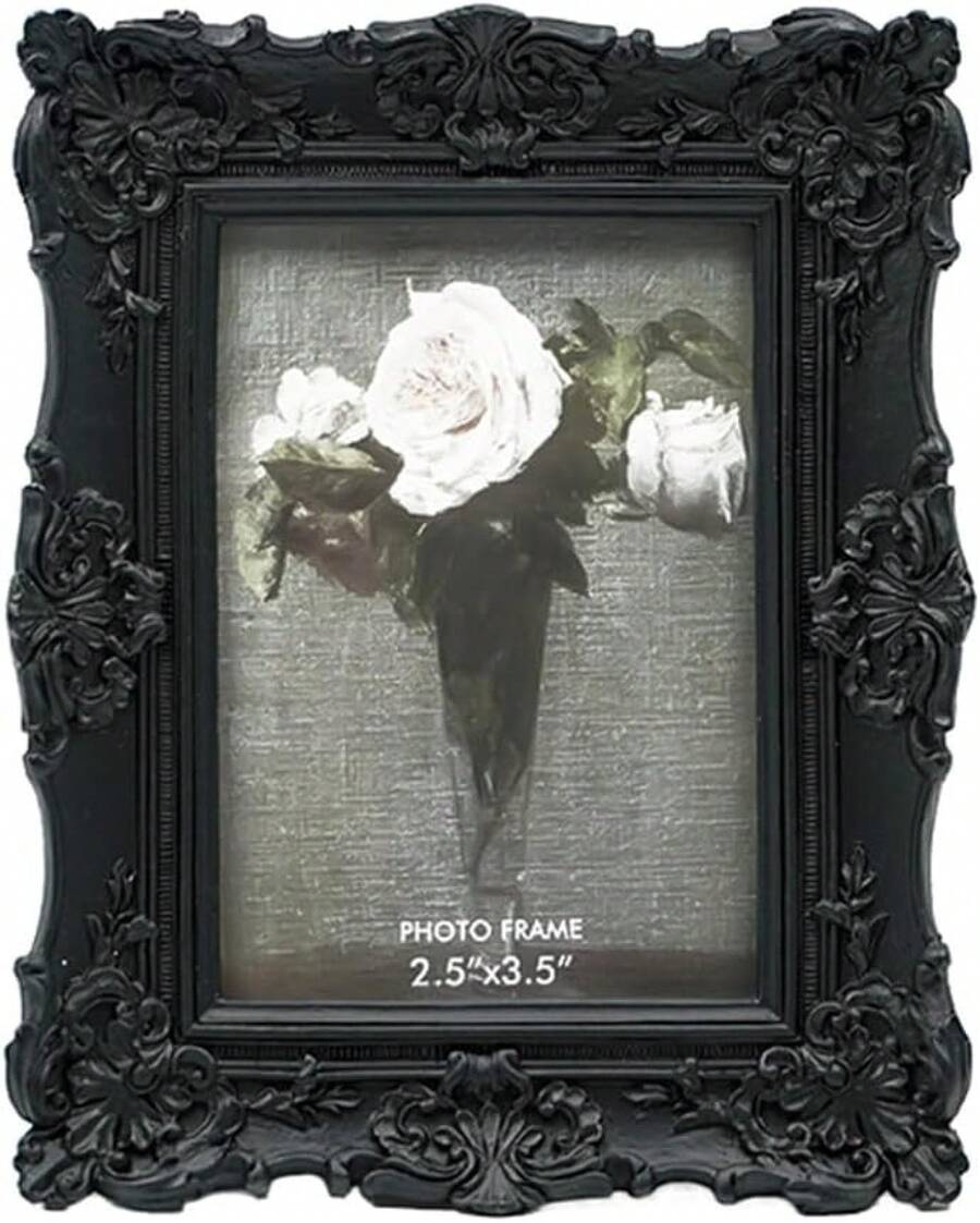 CISOO 2.5x3.5 Vintage Small Picture Frame, Antique Ornate Black Wallet Size Photo Frame For Table Top And Wall Display, Decorative Floral Design Retro Home Decor, Photo Gallery Art