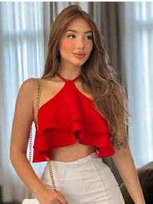 Cropped Top With Ruffled Cup And Straps At The Neck - Red and White - View 2