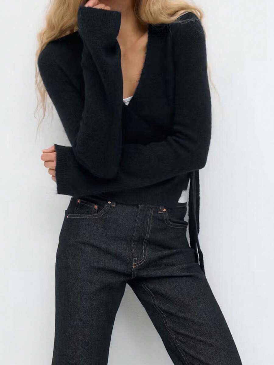 Women Tie Front Wrap Cardigan Solid V Neck Long Sleeve Crop Knit Sweater Casual Fall Clothes - 黑色 - 查看 1