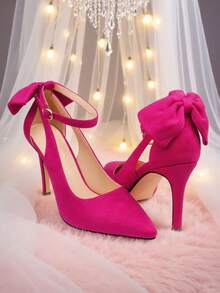 Ziheels Fall Shoes For Women Elegant Closed Toe Heels Cut Out Stiletto Heels Bow Knot Pumps Ankle Strap Dress Shoes For Evening Prom - 玫紅色 - 查看 4