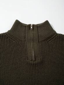 男士休闲宽松纯色 Polo 领拉链针织衫，韩版百搭通勤款，秋冬季 - 墨綠色 - 查看 4