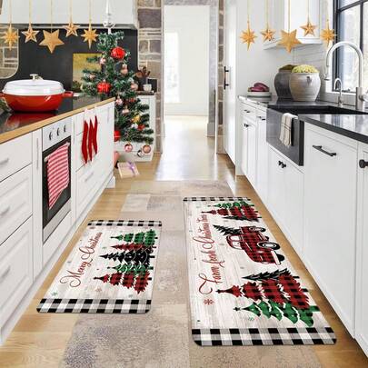1/2pcs Christmas Floor Mats, Classic Red And Green Christmas Tree And Truck Pattern Kitchen Floor Mats, Perfect For Indoor And Outdoor Use, Parties, Festive Home Decoration, Christmas Floor Layout | Happy Theme Decoration | Floor Mats