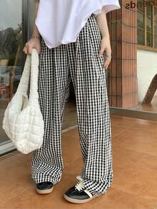 Plaid Clash Drapeado Mujeres Verano de talle alto de pierna recta Arrastre Pantalones Pantalones Largos Pantalones casuales de corte recto y corte holgado con rayas de colores lisos Pantalones de Mujer - Negro - Ver 8