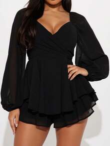 V-Neck Lantern Long-Sleeved Ruffle Strap Dress With Pants Skirt - Black - View 3