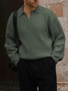 Men's Ribbed Polo Neck Sweater, Casual Loose Fit Pullover Knitwear, Autumn/Winter - 灰色 - 查看 4
