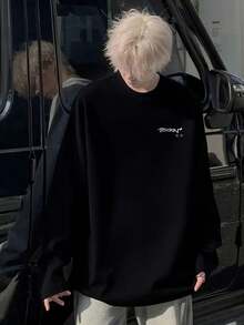 200g Cotton Men's New Round Collar Long Sleeve Print T-Shirt | Outfit Examples | Street Fashion Fun - Black - View 2