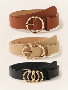 3件套女士简约时尚百搭腰带套装，经典腰带，适合搭配连衣裙和上衣，黑色腰带配有三环、双环和单环金属扣，优雅纯色腰带 - 彩色 - 查看 4