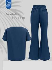 1 Set Solid Color V-Neck Short Sleeve Top And Split Leg Pants Lab Coat Nurse Scrub Uniform Scrubs Outfit, Suitable For Pet Hospital, Clinic, Private Care Work Scrub Uniform Top And Pants With Pockets - 深邃藍 - 查看 4