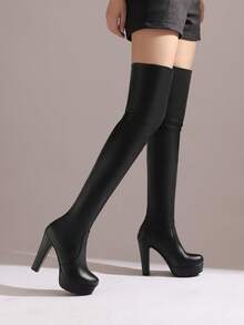 JIAOFEITI Women's Thick Heel Waterproof Platform Over-The-Knee Boots, For Fall/Winter - Black - View 2