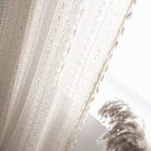 Crochet Boho Curtain 63 Inches Length, Sheer Lace Handmade Tassels Knitted Window Treatment Vintage Rustic Bohemian Farmhouse Drape For Bedroom Rod Pocket 1 Panel 59" W X 63" L, Beige Wave - 米色波浪鉤針編織59寬x63公升1包 - 查看 8