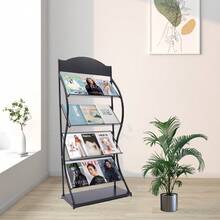 4-Tier Floor Magazine Rack Black - Curved Newspaper Display Stand With Sign Holder - 65cm Arc Design Storage For Publications - Freestanding Literature Organizer With Advertising Panel - Iron Construction Periodical Rack For Reception Areas - Black - View 10