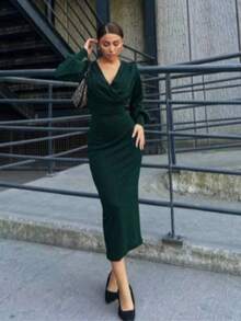 Flowers Stretch Fabric Double-Breasted Midi Evening Dress - Green - View 2