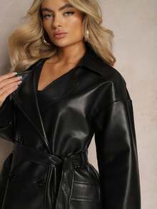 Imitation Leather Coat With Large Collar And Belt - Black - View 5