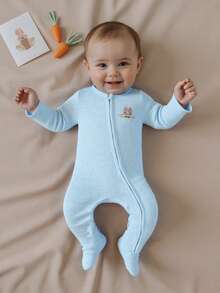 Newborn Baby Girl Boy Romper Crew Neck Long Sleeve Boots/Bear/Truck Print Fall Zipper Footed Jumpsuit - Blue - View 7