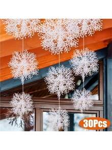 30 pièces de flocons de neige en plastique blanc artificiels pour la décoration de fête de Noël, anniversaire, festival. Ensemble d'ornements pour sapin de Noël - décorations suspendues de flocons de neige pour les célébrations de Noël et du Nouvel An, sans alimentation électrique nécessaire