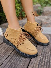 Botas de Cano Médio Retrô com Cadarço, Bico Redondo, Franjas, Sola Plana, Adequadas para Praia, Campus, Casa, Outono/Inverno - Castanho - Visão 7