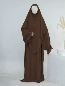 1 套柔软 Abaya 穆斯林连衣裙伊斯兰女装，Abaya 迪拜伊斯兰服装，长袍喇叭袖设计，搭配纯色头巾，经典百搭上衣 - 彩色 - 查看 25