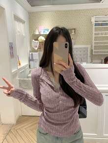 纽扣细节休闲蕾丝褶饰二合一拉绒T恤上衣