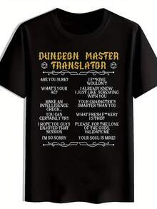 Men's Black Dungeon Master Translator Humorous RPG T-Shirt - Hexagon Dice Icons & Multilingual Text Design, Casual Short Sleeve Round Neck Summer Tee For Tabletop Gaming Fans - 黑色 - 查看 2
