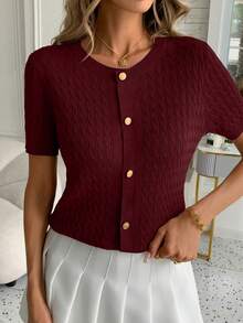 Cardigan femme en maille torsadée vert olive et blanc - Design boutonnage, gilet court à manches courtes, stretch moyen, silhouette en forme de H, convient pour les superpositions au printemps, en été et en automne, cardigan tricoté, mode saisonnière, design texturé - Rouge foncé - Voir 4
