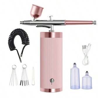带压缩机的喷枪套件 48PSI 高压、防堵塞喷枪套装，无线充电，带 0.3 毫米喷嘴和便携式双动喷枪压缩机套装，手持式迷你充电喷枪，适用于绘画、模型、美甲