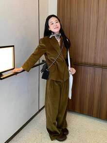 Ensemble de tenue décontractée vintage pour femmes - Veste chic et élégante en velours côtelé ample - Pantalon ample droit à jambes larges décontracté, Ensemble 2 pièces