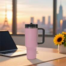 40 Oz Stainless Steel Flat Bottom Cup, Double Wall Vacuum Insulated Portable Drinking Cup, Travel Iced Coffee Cup, Summer Drink Cup With Handle And Straw, Perfect For Travel, Home, Office, Summer Drinks, Hot And Cold Drinks, Valentines - 珊瑚粉 - 查看 3