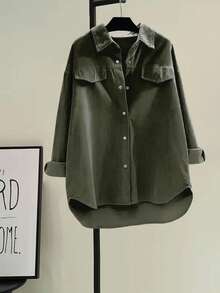 大码女装秋冬新款，纯色梭织面料，前开襟纽扣口袋衬衫，修身显瘦罗纹开衫，适合休闲、通勤、户外穿着，春季皆宜。 - 軍綠色 - 查看 1